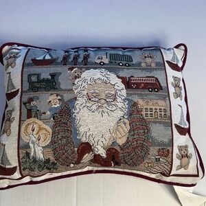 Portofino Vintage Holiday Santa Toy Shop Tapestry Pillow. 13”x18” Corded